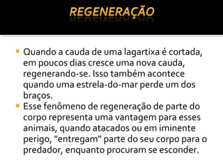 Quando a cauda de uma lagartixa é cortada, em poucos dias cresce uma nova cauda, regenerando-se. Isso também acontece quando uma estrela-do-mar perde um dos braços. Esse fenômeno de regeneração de parte do corpo representa uma vantagem para esses animais, quando atacados ou em iminente perigo, "entregam" parte do seu corpo para o predador, enquanto procuram se esconder. 