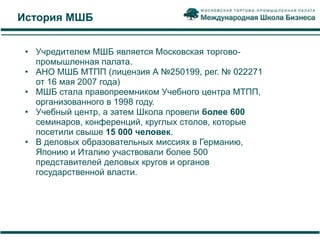 История МШБ


 • Учредителем МШБ является Московская торгово-
   промышленная палата.
 • АНО МШБ МТПП (лицензия А №250199, рег. № 022271
   от 16 мая 2007 года)
 • МШБ стала правопреемником Учебного центра МТПП,
   организованного в 1998 году.
 • Учебный центр, а затем Школа провели более 600
   семинаров, конференций, круглых столов, которые
   посетили свыше 15 000 человек.
 • В деловых образовательных миссиях в Германию,
   Японию и Италию участвовали более 500
   представителей деловых кругов и органов
   государственной власти.
 