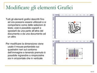 Modificare gli elementi Grafici
Tutti gli elementi grafici descritti fino
ad ora possono essere utilizzati e si
comportano come delle selezioni di
testo; cioè è possibile copiarli e
spostarli da una parte all’altra del
documento o da una documento ad
un altro
Per modificare la dimensione viene
usato il mouse:portandolo sui
quadratini neri sul contorno
dell’immagine e tenendo premuto è
possibile ingrandire o rimpicciolire
sia in orizzontale che in verticale
43/53
 