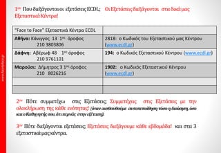1ον Πουδιεξάγονταιοι εξετάσειςECDL; ΟιΕξετάσειςδιεξάγονται σταδικάμας
ΕξεταστικάΚέντρα!
“Face to Face” Εξεταστικά Κέντρα ECDL
Αθήνα: Κάνιγγος 13 1ος όροφος
210 3803806
2818: ο Κωδικός του Εξεταστικού μας Κέντρου
(www.ecdl.gr)
Δάφνη: Αβέρωφ 48 1ος όροφος
210 9761101
194: ο Κωδικός Εξεταστικού Κέντρου (www.ecdl.gr)
Μαρούσι: Δήμητρος 3 1ος όροφος
210 8026216
1902: ο Κωδικός Εξεταστικού Κέντρου
(www.ecdl.gr)
2ον Πότε συμμετέχω στις Εξετάσεις; Συμμετέχεις στις Εξετάσεις με την
ολοκλήρωση της κάθε ενότητας! (όταναισθανθούμε αυτοπεποίθησητόσοηδιοίκηση,όσο
καιοΚαθηγητήςσου,ότιπερνάς στηνεξέταση).
3ον Πότε διεξάγονται εξετάσεις; Εξετάσεις διεξάγουμε κάθε εβδομάδα! και στα 3
εξεταστικάμαςκέντρα.
 