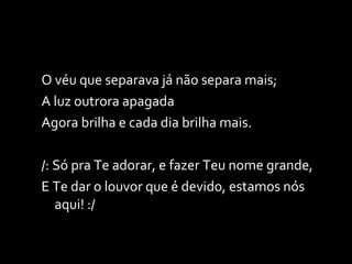 O véu que separava já não separa mais; A luz outrora apagada  Agora brilha e cada dia brilha mais. /: Só pra Te adorar, e fazer Teu nome grande, E Te dar o louvor que é devido, estamos nós aqui! :/ 