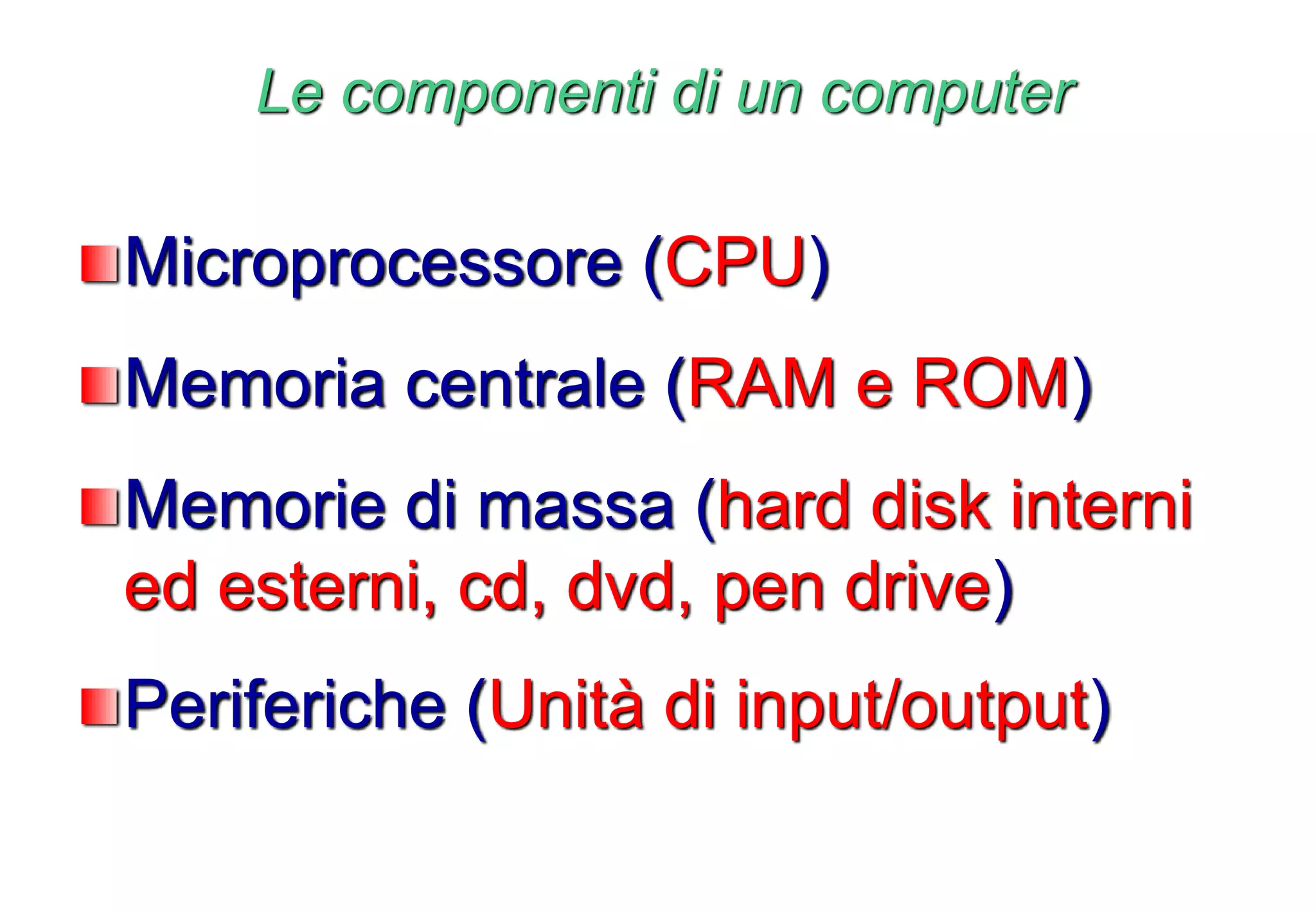Le componenti di un computer
Microprocessore (CPU)
Memoria centrale (RAM e ROM)
Memorie di massa (hard disk interni
ed esterni, cd, dvd, pen drive)
Periferiche (Unità di input/output)
 
