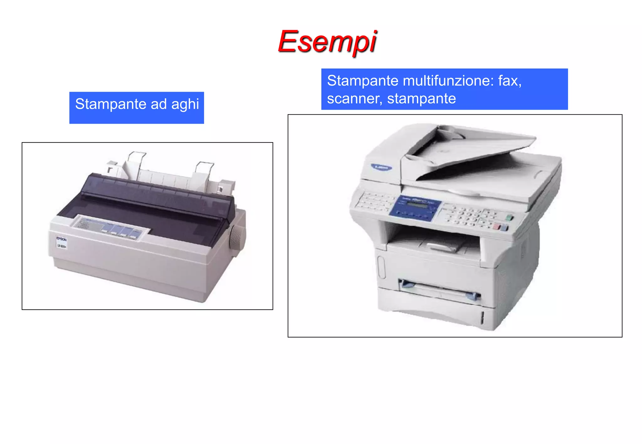 Esempi
Stampante ad aghi
Stampante multifunzione: fax,
scanner, stampante
 