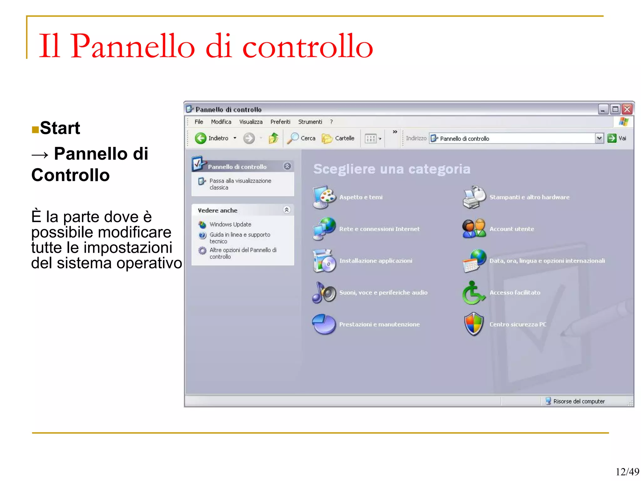 Il Pannello di controllo
◼Start
→ Pannello di
Controllo
È la parte dove è
possibile modificare
tutte le impostazioni
del sistema operativo
12/49
 
