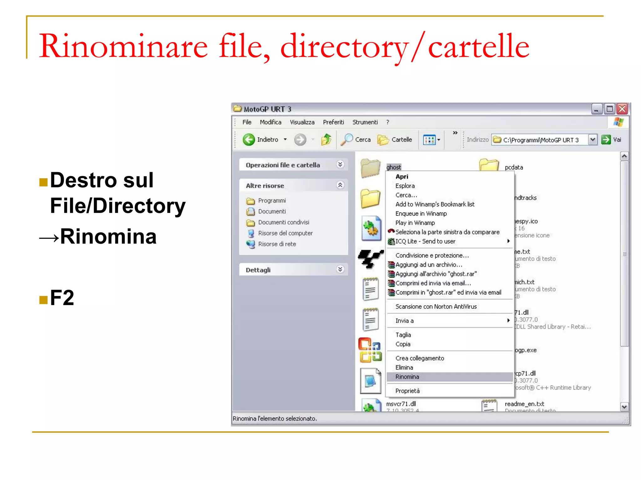 Rinominare file, directory/cartelle
◼Destro sul
File/Directory
→Rinomina
◼F2
 