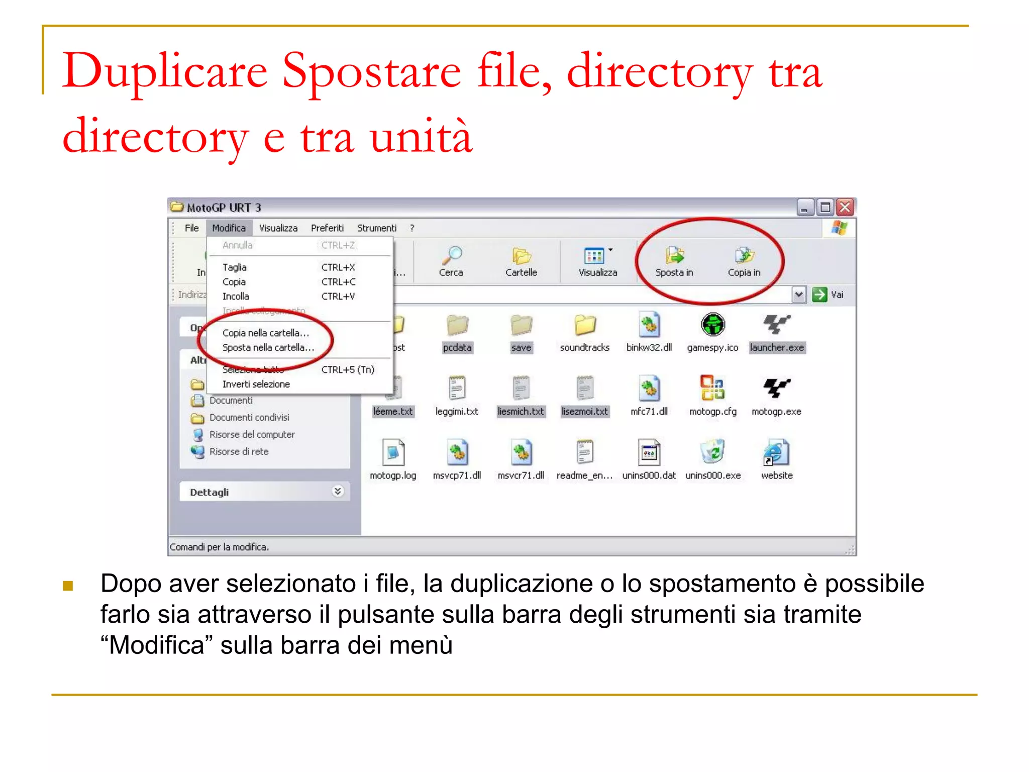 Duplicare Spostare file, directory tra
directory e tra unità
◼ Dopo aver selezionato i file, la duplicazione o lo spostamento è possibile
farlo sia attraverso il pulsante sulla barra degli strumenti sia tramite
“Modifica” sulla barra dei menù
 