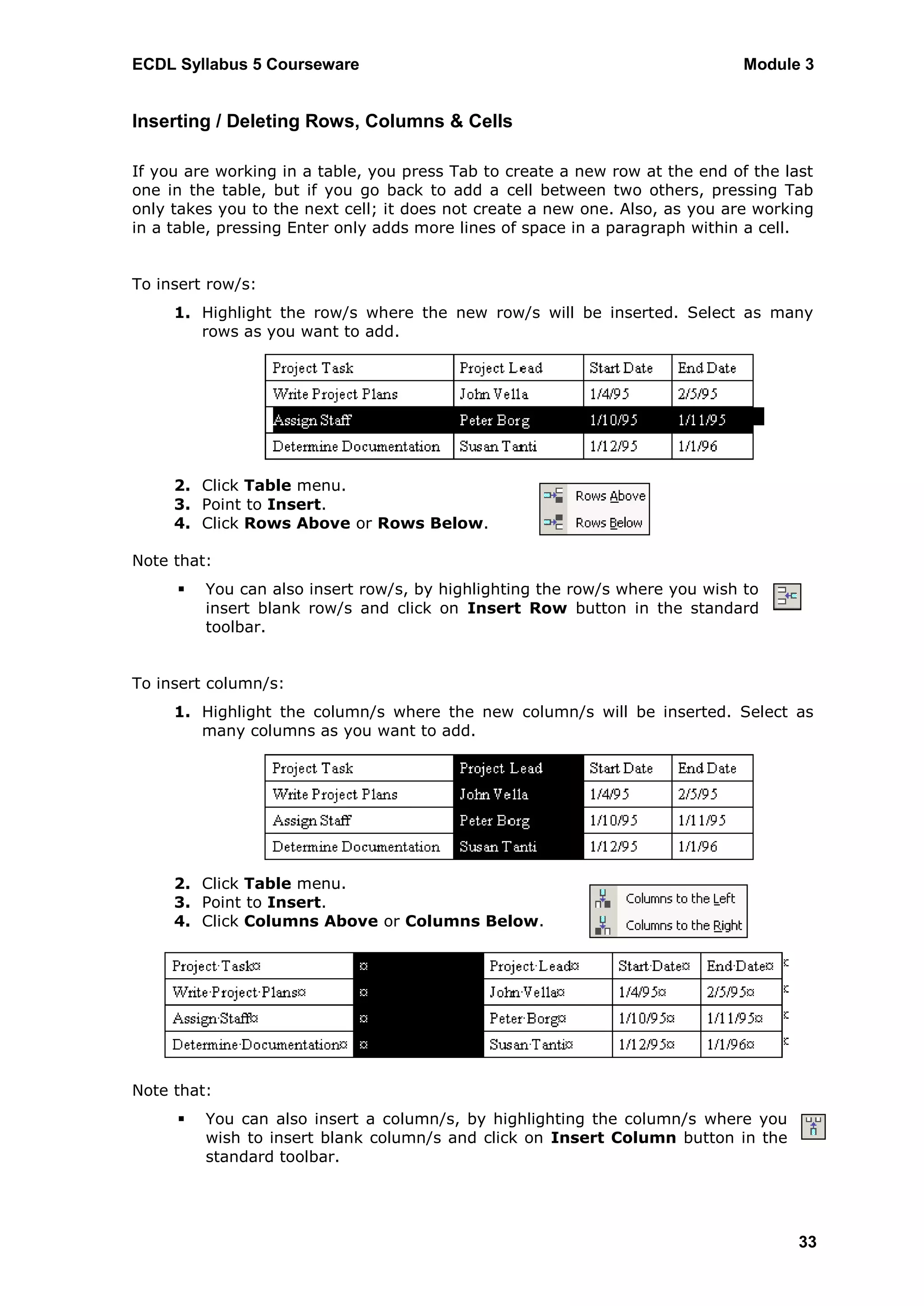 ECDL Syllabus 5 Courseware                                                    Module 3


Inserting / Deleting Rows, Columns & Cells

If you are working in a table, you press Tab to create a new row at the end of the last
one in the table, but if you go back to add a cell between two others, pressing Tab
only takes you to the next cell; it does not create a new one. Also, as you are working
in a table, pressing Enter only adds more lines of space in a paragraph within a cell.


To insert row/s:
     1. Highlight the row/s where the new row/s will be inserted. Select as many
        rows as you want to add.




     2. Click Table menu.
     3. Point to Insert.
     4. Click Rows Above or Rows Below.

Note that:
        You can also insert row/s, by highlighting the row/s where you wish to
         insert blank row/s and click on Insert Row button in the standard
         toolbar.


To insert column/s:
     1. Highlight the column/s where the new column/s will be inserted. Select as
        many columns as you want to add.




     2. Click Table menu.
     3. Point to Insert.
     4. Click Columns Above or Columns Below.




Note that:
        You can also insert a column/s, by highlighting the column/s where you
         wish to insert blank column/s and click on Insert Column button in the
         standard toolbar.




                                                                                     33
 
