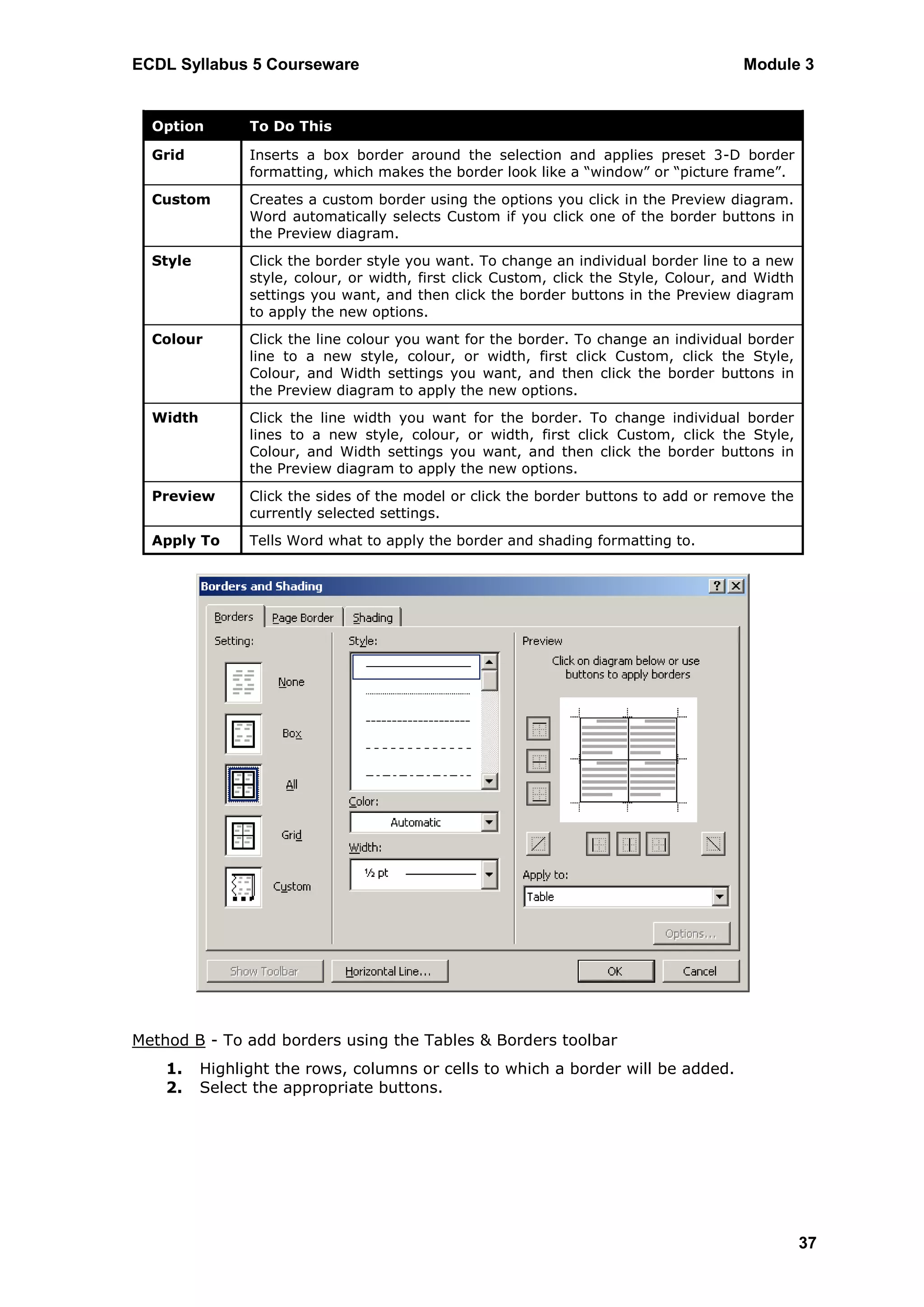 ECDL Syllabus 5 Courseware                                                             Module 3


  Option        To Do This

  Grid          Inserts a box border around the selection and applies preset 3-D border
                formatting, which makes the border look like a “window” or “picture frame”.
  Custom        Creates a custom border using the options you click in the Preview diagram.
                Word automatically selects Custom if you click one of the border buttons in
                the Preview diagram.
  Style         Click the border style you want. To change an individual border line to a new
                style, colour, or width, first click Custom, click the Style, Colour, and Width
                settings you want, and then click the border buttons in the Preview diagram
                to apply the new options.
  Colour        Click the line colour you want for the border. To change an individual border
                line to a new style, colour, or width, first click Custom, click the Style,
                Colour, and Width settings you want, and then click the border buttons in
                the Preview diagram to apply the new options.
  Width         Click the line width you want for the border. To change individual border
                lines to a new style, colour, or width, first click Custom, click the Style,
                Colour, and Width settings you want, and then click the border buttons in
                the Preview diagram to apply the new options.
  Preview       Click the sides of the model or click the border buttons to add or remove the
                currently selected settings.
  Apply To      Tells Word what to apply the border and shading formatting to.




Method B - To add borders using the Tables & Borders toolbar
    1.    Highlight the rows, columns or cells to which a border will be added.
    2.    Select the appropriate buttons.




                                                                                                  37
 