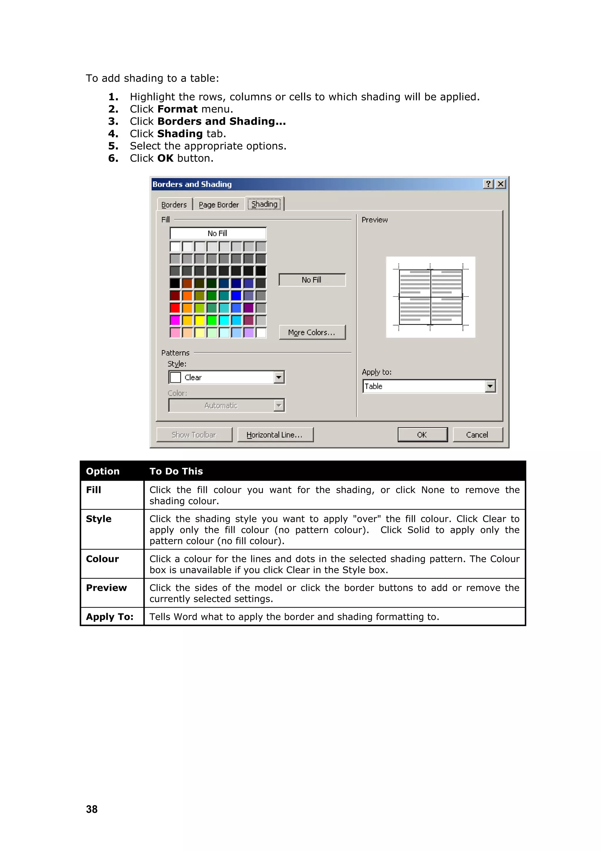 To add shading to a table:
       1.   Highlight the rows, columns or cells to which shading will be applied.
       2.   Click Format menu.
       3.   Click Borders and Shading...
       4.   Click Shading tab.
       5.   Select the appropriate options.
       6.   Click OK button.




Option         To Do This

Fill           Click the fill colour you want for the shading, or click None to remove the
               shading colour.
Style          Click the shading style you want to apply "over" the fill colour. Click Clear to
               apply only the fill colour (no pattern colour). Click Solid to apply only the
               pattern colour (no fill colour).
Colour         Click a colour for the lines and dots in the selected shading pattern. The Colour
               box is unavailable if you click Clear in the Style box.
Preview        Click the sides of the model or click the border buttons to add or remove the
               currently selected settings.
Apply To:      Tells Word what to apply the border and shading formatting to.




38
 