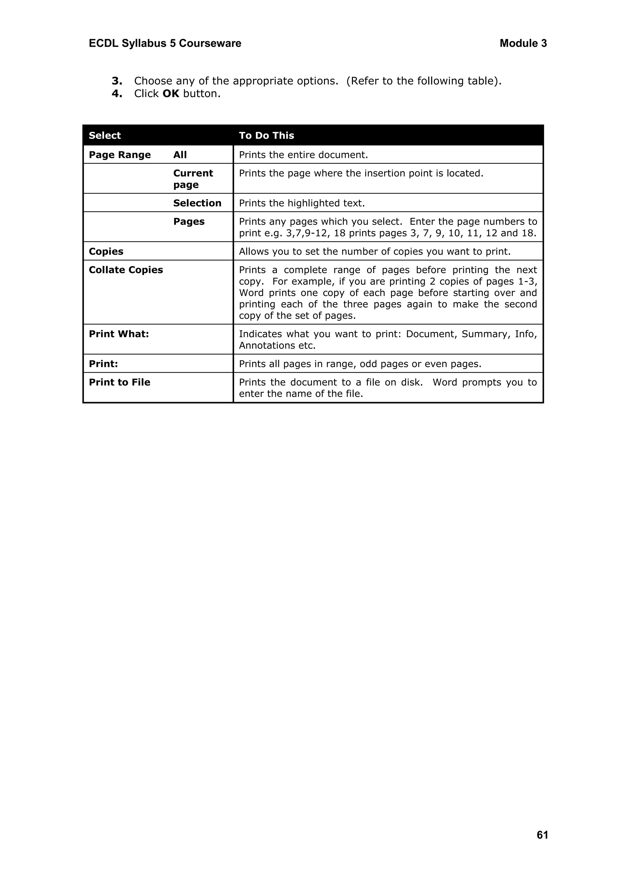 ECDL Syllabus 5 Courseware                                                           Module 3


    3.   Choose any of the appropriate options. (Refer to the following table).
    4.   Click OK button.



Select                       To Do This

Page Range       All         Prints the entire document.
                 Current     Prints the page where the insertion point is located.
                 page
                 Selection   Prints the highlighted text.
                 Pages       Prints any pages which you select. Enter the page numbers to
                             print e.g. 3,7,9-12, 18 prints pages 3, 7, 9, 10, 11, 12 and 18.
Copies                       Allows you to set the number of copies you want to print.
Collate Copies               Prints a complete range of pages before printing the next
                             copy. For example, if you are printing 2 copies of pages 1-3,
                             Word prints one copy of each page before starting over and
                             printing each of the three pages again to make the second
                             copy of the set of pages.
Print What:                  Indicates what you want to print: Document, Summary, Info,
                             Annotations etc.
Print:                       Prints all pages in range, odd pages or even pages.
Print to File                Prints the document to a file on disk. Word prompts you to
                             enter the name of the file.




                                                                                            61
 