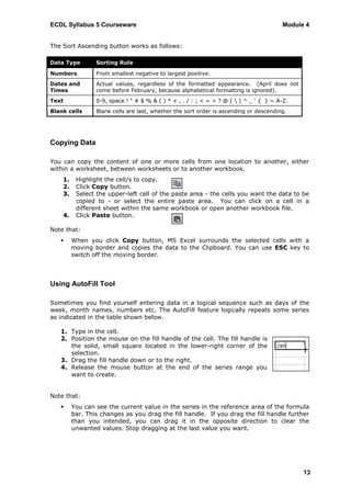 ECDL Syllabus 5 Courseware                                                             Module 4


The Sort Ascending button works as follows:

Data Type        Sorting Rule

Numbers          From smallest negative to largest positive.
Dates and        Actual values, regardless of the formatted appearance. (April does not
Times            come before February, because alphabetical formatting is ignored).
Text             0-9, space ! “ # $ % & ( ) * + , . / : ; < = > ? @ [  ] ^ _ „ { } ~ A-Z.
Blank cells      Blank cells are last, whether the sort order is ascending or descending.




Copying Data

You can copy the content of one or more cells from one location to another, either
within a worksheet, between worksheets or to another workbook.
    1.    Highlight the cell/s to copy.
    2.    Click Copy button.
    3.    Select the upper-left cell of the paste area - the cells you want the data to be
          copied to - or select the entire paste area. You can click on a cell in a
          different sheet within the same workbook or open another workbook file.
    4.    Click Paste button.

Note that:
        When you click Copy button, MS Excel surrounds the selected cells with a
         moving border and copies the data to the Clipboard. You can use ESC key to
         switch off the moving border.



Using AutoFill Tool

Sometimes you find yourself entering data in a logical sequence such as days of the
week, month names, numbers etc. The AutoFill feature logically repeats some series
as indicated in the table shown below.

   1. Type in the cell.
   2. Position the mouse on the fill handle of the cell. The fill handle is
      the solid, small square located in the lower-right corner of the
      selection.
   3. Drag the fill handle down or to the right.
   4. Release the mouse button at the end of the series range you
      want to create.


Note that:
        You can see the current value in the series in the reference area of the formula
         bar. This changes as you drag the fill handle. If you drag the fill handle further
         than you intended, you can drag it in the opposite direction to clear the
         unwanted values. Stop dragging at the last value you want.




                                                                                             13
 