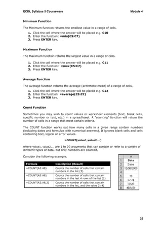 ECDL Syllabus 5 Courseware                                                      Module 4


Minimum Function

The Minimum function returns the smallest value in a range of cells.
   1. Click the cell where the answer will be placed e.g. C10
   2. Enter the function: =min(C5:C7)
   3. Press ENTER key.


Maximum Function

The Maximum function returns the largest value in a range of cells.

   1. Click the cell where the answer will be placed e.g. C11
   2. Enter the function: =max(C5:C7)
   3. Press ENTER key.


Average Function

The Average function returns the average (arithmetic mean) of a range of cells.
   1. Click the cell where the answer will be placed e.g. C12
   2. Enter the function =average(C5:C7)
   3. Press ENTER key.


Count Function

Sometimes you may wish to count values or worksheet elements (text, blank cells,
specific number or text, etc.) in a spreadhseet. A "counting" function will return the
number of cells in a range that meet certain criteria.

The COUNT function works out how many cells in a given range contain numbers
(including dates and formulae with numerical answers). It ignores blank cells and cells
containing text, logical or error values.

                               =COUNT(value1,value2,…)

where value1, value2,... are 1 to 30 arguments that can contain or refer to a variety of
different types of data, but only numbers are counted.

Consider the following example.

  Formula               Description (Result)
  =COUNT(A2:A8)         Counts the number of cells that contain
                        numbers in the list (3).
  =COUNT(A5:A8)         Counts the number of cells that contain
                        numbers in the last 4 rows of the list (2).
  =COUNT(A2:A8,2)       Counts the number of cells that contain
                        numbers in the list, and the value 2 (4)




                                                                                       25
 