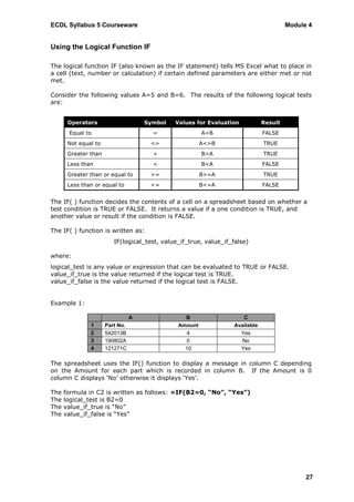 ECDL Syllabus 5 Courseware                                                              Module 4


Using the Logical Function IF

The logical function IF (also known as the IF statement) tells MS Excel what to place in
a cell (text, number or calculation) if certain defined parameters are either met or not
met.

Consider the following values A=5 and B=6. The results of the following logical tests
are:


       Operators                     Symbol   Values for Evaluation            Result
       Equal to                        =                A=B                    FALSE
       Not equal to                   <>                A<>B                   TRUE
       Greater than                    >                B>A                    TRUE
       Less than                       <                B<A                    FALSE
       Greater than or equal to       >=                B>=A                   TRUE
       Less than or equal to          <=                B<=A                   FALSE


The IF( ) function decides the contents of a cell on a spreadsheet based on whether a
test condition is TRUE or FALSE. It returns a value if a one condition is TRUE, and
another value or result if the condition is FALSE.

The IF( ) function is written as:
                         IF(logical_test, value_if_true, value_if_false)

where:
logical_test is any value or expression that can be evaluated to TRUE or FALSE.
value_if_true is the value returned if the logical test is TRUE.
value_if_false is the value returned if the logical test is FALSE.


Example 1:

                                 A               B                    C
               1      Part No.                 Amount              Available
               2      542013B                    4                   Yes
               3      190802A                    0                    No
               4      121271C                    10                  Yes

The spreadsheet uses the IF() function to display a message in column C depending
on the Amount for each part which is recorded in column B. If the Amount is 0
column C displays „No‟ otherwise it displays „Yes‟.

The   formula in C2 is written as follows: =IF(B2=0, “No”, “Yes”)
The   logical_test is B2=0
The   value_if_true is “No”
The   value_if_false is “Yes”




                                                                                              27
 