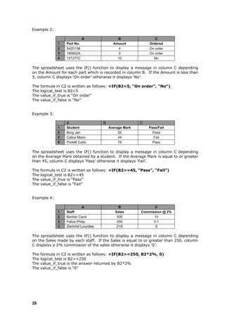 Example 2:

                              A              B                 C
              1    Part No.                Amount           Ordered
              2    542013B                   4              On order
              3    190802A                   0              On order
              4    121271C                   10               No

The spreadsheet uses the IF() function to display a message in column C depending
on the Amount for each part which is recorded in column B. If the Amount is less than
5, column C displays „On order‟ otherwise it displays „No‟.

The   formula in C2 is written as follows: =IF(B2<5, “On order”, “No”)
The   logical_test is B2<5
The   value_if_true is “On order”
The   value_if_false is “No”


Example 3:

                   A                 B                  C
              1    Student               Average Mark       Pass/Fail
              2    Borg Jan                   55              Pass
              3    Callus Mario               44              Fail
              4    Portelli Carlo             78              Pass

The spreadsheet uses the IF() function to display a message in column C depending
on the Average Mark obtained by a student. If the Average Mark is equal to or greater
than 45, column C displays „Pass‟ otherwise it displays „Fail‟.

The   formula in C2 is written as follows: =IF(B2>=45, “Pass”, “Fail”)
The   logical_test is B2>=45
The   value_if_true is “Pass”
The   value_if_false is “Fail”


Example 4:

                             A                B                C
              1    Staff                    Sales       Commission @ 2%
              2    Bartolo Carol             500              10
              3    Felice Philip             255              5.1
              4    Zammit Lourdes            210               0

The spreadsheet uses the IF() function to display a message in column C depending
on the Sales made by each staff. If the Sales is equal to or greater than 250, column
C displays a 2% commission of the sales otherwise it displays „0‟.

The   formula in C2 is written as follows: =IF(B2>=250, B2*2%, 0)
The   logical_test is B2>=250
The   value_if_true is the answer returned by B2*2%
The   value_if_false is “0”




28
 