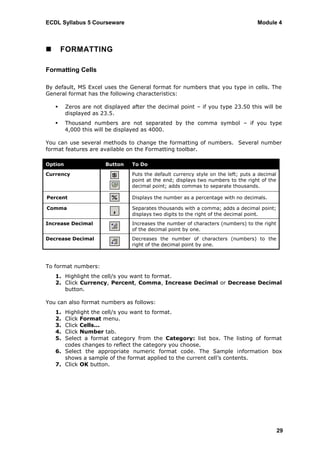ECDL Syllabus 5 Courseware                                                          Module 4



       FORMATTING

Formatting Cells

By default, MS Excel uses the General format for numbers that you type in cells. The
General format has the following characteristics:

        Zeros are not displayed after the decimal point – if you type 23.50 this will be
         displayed as 23.5.
        Thousand numbers are not separated by the comma symbol – if you type
         4,000 this will be displayed as 4000.

You can use several methods to change the formatting of numbers. Several number
format features are available on the Formatting toolbar.

Option                 Button    To Do

Currency                         Puts the default currency style on the left; puts a decimal
                                 point at the end; displays two numbers to the right of the
                                 decimal point; adds commas to separate thousands.

Percent                          Displays the number as a percentage with no decimals.

Comma                            Separates thousands with a comma; adds a decimal point;
                                 displays two digits to the right of the decimal point.
Increase Decimal                 Increases the number of characters (numbers) to the right
                                 of the decimal point by one.
Decrease Decimal                 Decreases the number of characters (numbers) to the
                                 right of the decimal point by one.



To format numbers:
    1. Highlight the cell/s you want to format.
    2. Click Currency, Percent, Comma, Increase Decimal or Decrease Decimal
       button.

You can also format numbers as follows:
    1. Highlight the cell/s you want to format.
    2. Click Format menu.
    3. Click Cells...
    4. Click Number tab.
    5. Select a format category from the Category: list box. The listing of format
       codes changes to reflect the category you choose.
    6. Select the appropriate numeric format code. The Sample information box
       shows a sample of the format applied to the current cell‟s contents.
    7. Click OK button.




                                                                                               29
 