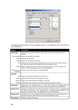 The following table outlines all the available options in the Alignment tab in the Format
Cells dialog box.

Option              To Do This

Horizontal          Aligns text to the left, numbers to the right, and centres logical and error
                    values.
 Left (Indent)      Aligns cell contents to the left.
         Center     Centres cell contents.
           Right    Aligns cell contents to the right.
             Fill   Repeats the contents of the selected cell until the cell is full. If blank cells to
                    the right also have the Fill alignment, they are filled as well.
         Justify    Aligns wrapped text within a cell to the right and left. You must have more
                    than one line of wrapped text to see the justification.
Center Across       Centres a cell entry across the selected cells.
    Selection
Vertical
            Top     Aligns cell contents along the top of the cell.
         Center     Centres cell contents in the middle of the cell.
         Bottom     Aligns cell contents along the bottom of the cell.
         Justify    Justifies the cell contents up and down within the width of the cell.

Wrap text           Wraps text into multiple lines in a cell. The number of wrapped lines is
                    dependent on the width of the column and the length of the cell contents.
Shrink to fit       Reduces the apparent size of font characters so that all data in a selected cell
                    fits within the column. The character size is adjusted automatically if you
                    change the column width. The applied font size is not changed.
Merge cells         Combines two or more selected cells into a single cell. The cell reference for a
                    merged cell is the upper-left cell in the original selected range.
Orientation         Rotates selected cell entries.




34
 