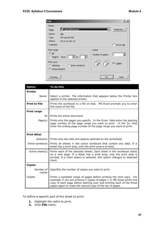 ECDL Syllabus 5 Courseware                                                               Module 4




  Option                To do this
  Printer
              Name:     Select a printer. The information that appears below the Printer box
                        applies to the selected printer.
  Print to File         Prints the workbook to a file on disk. MS Excel prompts you to enter
                        the name of the file.
  Print range
                  All   Prints the entire document.
             Page(s)    Prints only the pages you specify. In the From: field enter the starting
                        page number of the page range you want to print. In the To: field
                        enter the ending page number of the page range you want to print.


  Print What
            Selection   Prints only the cells and objects selected on the worksheet.
   Entire workbook      Prints all sheets in the active workbook that contain any data. If a
                        sheet has a print area, only the print area is printed.

    Active sheet(s)     Prints each of the selected sheets. Each sheet in the workbook starts
                        on a new page. If a sheet has a print area, only the print area is
                        printed. If a chart object is selected, this option changes to Selected
                        chart.
  Copies
         Number of      Specifies the number of copies you want to print.
            copies
  Collate               Prints a complete range of pages before printing the next copy. For
                        example, if you are printing 2 copies of pages 1-3, MS Excel prints one
                        copy of each page before starting over and printing each of the three
                        pages again to make the second copy of the set of pages.



To define a specific part of the sheet to print:
    1.   Highlight the cell/s to print.
    2.   Click File menu.


                                                                                                   47
 
