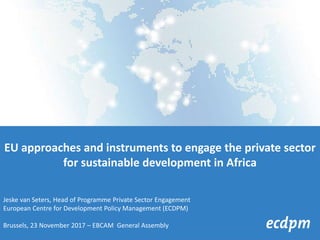 EU approaches and instruments to engage the private sector
for sustainable development in Africa
Jeske van Seters, Head of Programme Private Sector Engagement
European Centre for Development Policy Management (ECDPM)
Brussels, 23 November 2017 – EBCAM General Assembly
 
