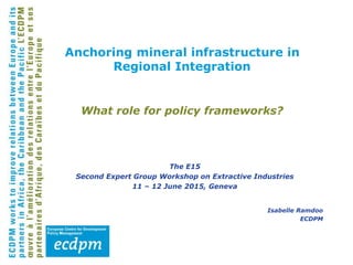 What role for policy frameworks?
The E15
Second Expert Group Workshop on Extractive Industries
11 – 12 June 2015, Geneva
Isabelle Ramdoo
ECDPM
Anchoring mineral infrastructure in
Regional Integration
 