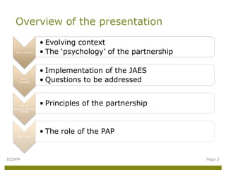 Part 1: General
• Evolving context
• The ‘psychology’ of the partnership
Part 2:
The JAES
• Implementation of the JAES
• Questions to be addressed
Part 3:
Issues for the way
forward
• Principles of the partnership
Part 4: PAP
• The role of the PAP
Overview of the presentation
Page 2ECDPM
 