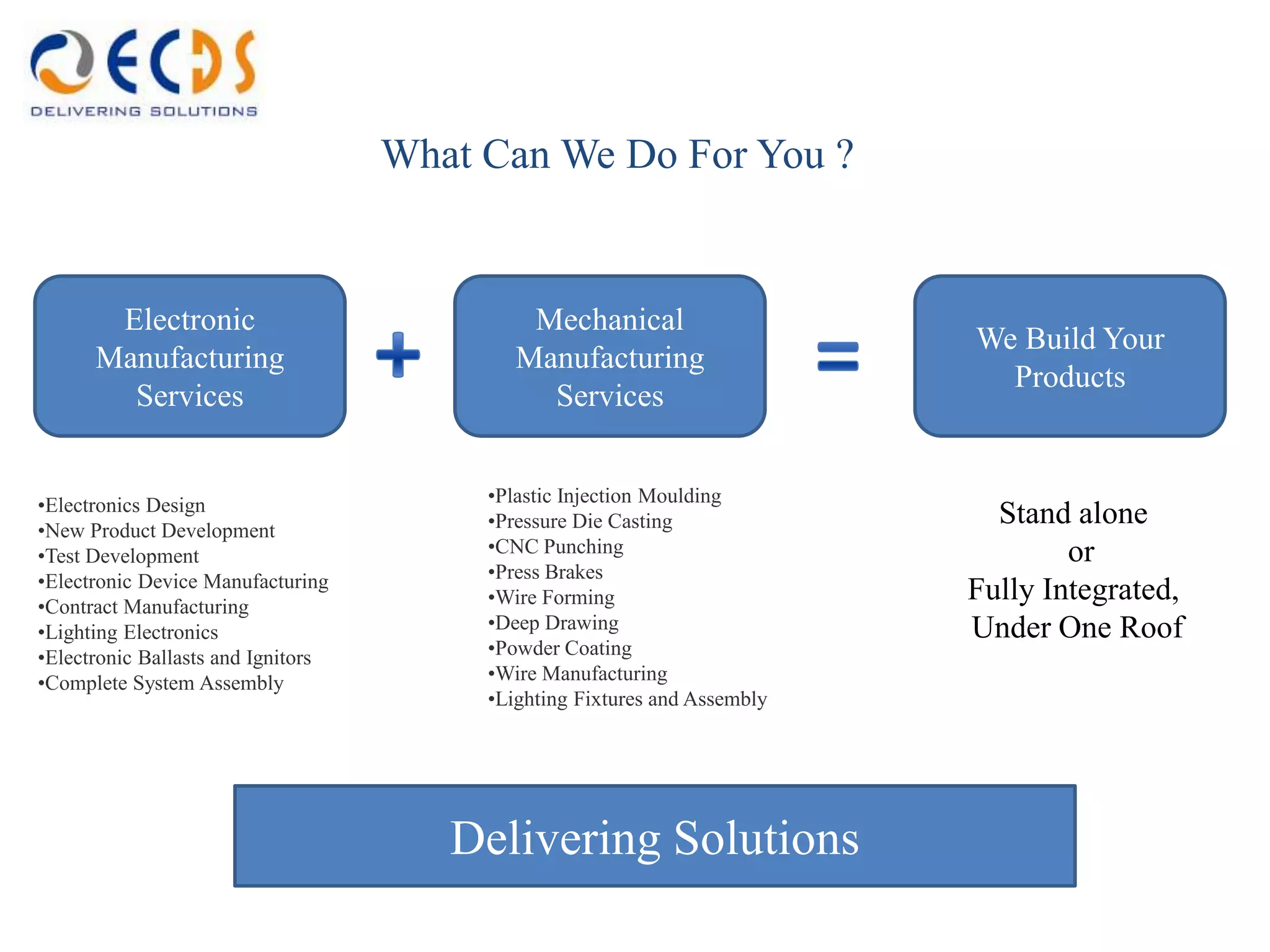What Can We Do For You ?


       Electronic                            Mechanical
                                                                           We Build Your
      Manufacturing                         Manufacturing
                                                                             Products
        Services                              Services


•Electronics Design                      •Plastic Injection Moulding
•New Product Development                 •Pressure Die Casting               Stand alone
•Test Development                        •CNC Punching                             or
•Electronic Device Manufacturing         •Press Brakes
•Contract Manufacturing                  •Wire Forming                     Fully Integrated,
•Lighting Electronics                    •Deep Drawing                     Under One Roof
•Electronic Ballasts and Ignitors        •Powder Coating
•Complete System Assembly                •Wire Manufacturing
                                         •Lighting Fixtures and Assembly




                                       Delivering Solutions
 