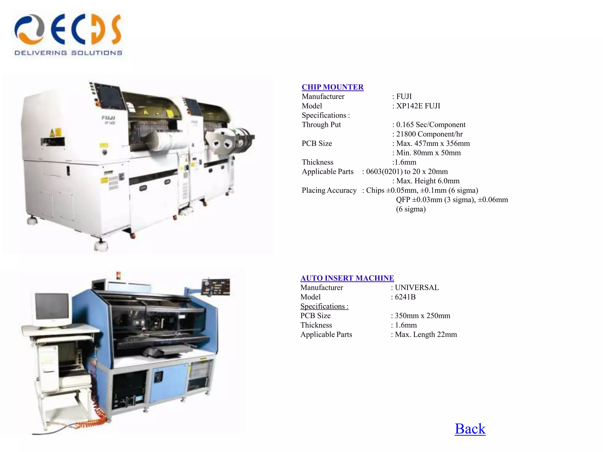 CHIP MOUNTER
Manufacturer             : FUJI
Model                    : XP142E FUJI
Specifications :
Through Put               : 0.165 Sec/Component
                          : 21800 Component/hr
PCB Size                  : Max. 457mm x 356mm
                          : Min. 80mm x 50mm
Thickness                 :1.6mm
Applicable Parts : 0603(0201) to 20 x 20mm
                          : Max. Height 6.0mm
Placing Accuracy : Chips ±0.05mm, ±0.1mm (6 sigma)
                            QFP ±0.03mm (3 sigma), ±0.06mm
                            (6 sigma)




AUTO INSERT MACHINE
Manufacturer      : UNIVERSAL
Model             : 6241B
Specifications :
PCB Size          : 350mm x 250mm
Thickness         : 1.6mm
Applicable Parts  : Max. Length 22mm




                                          Back
 