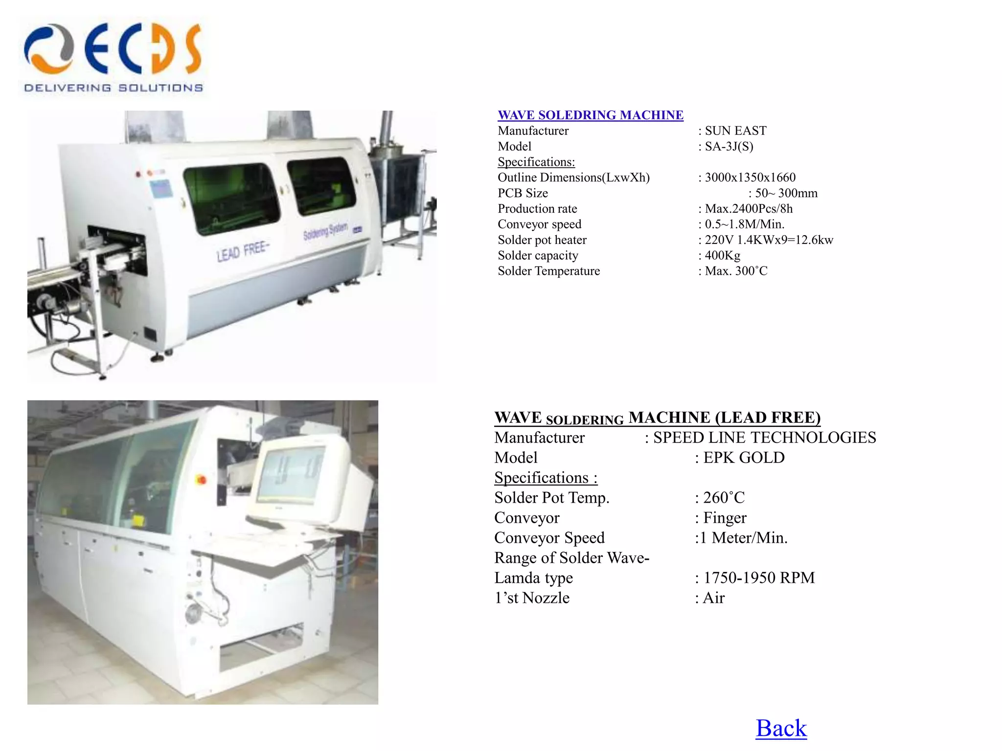 WAVE SOLEDRING MACHINE
Manufacturer                : SUN EAST
Model                       : SA-3J(S)
Specifications:
Outline Dimensions(LxwXh)   : 3000x1350x1660
PCB Size                             : 50~ 300mm
Production rate             : Max.2400Pcs/8h
Conveyor speed              : 0.5~1.8M/Min.
Solder pot heater           : 220V 1.4KWx9=12.6kw
Solder capacity             : 400Kg
Solder Temperature          : Max. 300˚C




WAVE SOLDERING MACHINE (LEAD FREE)
Manufacturer        : SPEED LINE TECHNOLOGIES
Model                     : EPK GOLD
Specifications :
Solder Pot Temp.          : 260˚C
Conveyor                  : Finger
Conveyor Speed            :1 Meter/Min.
Range of Solder Wave-
Lamda type                : 1750-1950 RPM
1’st Nozzle               : Air




                                    Back
 