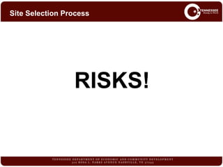 RISKS!
Site Selection Process
 