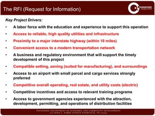 Key Project Drivers:
• A labor force with the education and experience to support this operation
• Access to reliable, high quality utilities and infrastructure
• Proximity to a major interstate highway (within 10 miles)
• Convenient access to a modern transportation network
• A business and regulatory environment that will support the timely
development of this project
• Compatible setting, zoning (suited for manufacturing), and surroundings
• Access to an airport with small parcel and cargo services strongly
preferred
• Competitive overall operating, real estate, and utility costs (electric)
• Competitive incentives and access to relevant training programs
• Access to government agencies experienced with the attraction,
development, permitting, and operations of distribution facilities
The RFI (Request for Information)
 
