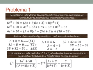 Problema 1
Al sustituir el valor de C en la ecuación anterior, se procede a encontrar los
valores de A y B, desarrollando el sistema de ecuaciones.
Se tiene el sistema lineal igualando los coeficientes de ambos lados.
Al sustituir los valores de A = -2, B = 6 y C = 8 en las fracciones parciales se
puede aplicar las tablas de la transformada inversa de laplace
 