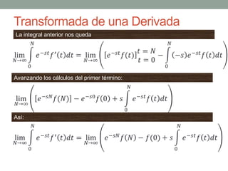 Transformada de una Derivada
La integral anterior nos queda
Avanzando los cálculos del primer término:
Así:
 