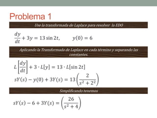 Problema 1
Use la transformada de Laplace para resolver la EDO
Aplicando la Transformada de Laplace en cada término y separando las
constantes.
Simplificando tenemos
 
