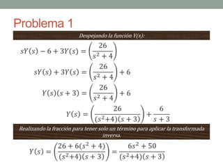 Problema 1
Despejando la función Y(s):
Realizando la fracción para tener solo un término para aplicar la transformada
inversa.
 