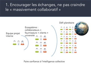 1. Encourager les échanges, ne pas craindre
le « massivement collaboratif »
Equipe projet
interne
Ecosystème :
collaborateurs +
fournisseurs + clients +
université
Défi planétaire
Faire confiance à l’intelligence collective
 