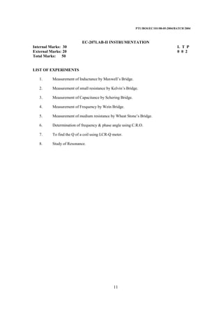 PTU/BOS/EC/101/08-05-2004/BATCH 2004
11
EC-207LAB-II INSTRUMENTATION
Internal Marks: 30 L T P
External Marks: 20 0 0 2
Total Marks: 50
LIST OF EXPERIMENTS
1. Measurement of Inductance by Maxwell’s Bridge.
2. Measurement of small resistance by Kelvin’s Bridge.
3. Measurement of Capacitance by Schering Bridge.
4. Measurement of Frequency by Wein Bridge.
5. Measurement of medium resistance by Wheat Stone’s Bridge.
6. Determination of frequency & phase angle using C.R.O.
7. To find the Q of a coil using LCR-Q meter.
8. Study of Resonance.
 