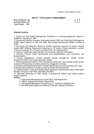 PTU/BOS/EC/101/08-05-2004/BATCH 2004
25
ME-251 TOTAL QUALITY MANAGEMENT
Internal Marks: 40 L T P
External Marks: 60 3 1 0
Total Marks: 100
Detailed Contents
1. Quality and Total Quality Management; Excellence im manufacturing/service, factors of
excellence, relevance of TQM.
2. Concept and definition of quality; total quality control (TQC) and Total Quality Management
(TQM), salient features of TQC and TQM. Total Quality Management Models, benefits of
TQM.
3. Just-in-time (JIT): Definition: Elements, benefits, equipment layout for JIT system, Kanban
system MRP (Material Requirement planning) vs JIT system, Waste elimination, workers
involvement through JIT: JIT cause and effect chain, JIT implementation.
4. Customer: Satisfaction, data collection and complaint, redressal mechanism.
5. Planning Process: Policy development and implementation; plan formulation and
implementation.
6. Process Management: Factors affecting process management, Quality function
development (QFD), and quality assurance system.
7. Total Employees Involvement (TEI): Empowering employees: team building; quality circles;
reward and Recognition; education and training, Suggestion schemes.
8. Problems solving Defining problem; Problem identification and solving process; QC tools.
9. Benchmarking definition, concept, process and types of benchmarking.
10. Quality Systems: Concept of quality system standards: relevance and origin of ISO 9000;
Benefits; Elements of ISO 9001, ISO 9002, ISO 9003.
11. Advanced techniques of TQM: Design of experiments: failure mode effect analysis:
Taguchi methods
BOOKS:
1. Total Quality Management by sunder Raju, Tata Mcgraw Hill
2. TQM for engineers by M.Zairi, Aditya Books
3. Total Quality Management Handbook by J.L. Hradeskym MCGraw Hill
4. ISO 9000 quality System by Dalela and Saurabh, standard Publishers
 