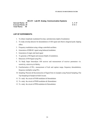 PTU/BOS/EC/101/08-05-2004/BATCH 2004
31
EC-311 Lab-VII Analog Communication Systems
Internal Marks: 30 L T P
External Marks: 20 0 0 2
Total Marks: 50
LIST OF EXPERIMENTS:
1. To obtain Amplitude modulated Envelop and determine depth of modulation
2. To study envelop detector for demodulation of AM signal and observe diagonal peak clipping
effect.
3. Frequency modulation using voltage controlled oscillator.
4. Generation of DSB-SC signal using balanced modulator.
5. Generation of single side band signal
6. To generate a FM Signal and measure Depth of modulation.
7. Detection of FM Signal using PLL.
8. To Study Super heterodyne AM receiver and measurement of receiver parameters viz.
sensitivity, selectivity & fidelity.
9. Familiarisation of PLL, measurement of lock and capture range, frequency demodulation,
frequency multiplier using PLL.
10. Sampling Theorem & Reconstruction of Signal from its lsamples using Natural Sampling, Flat
Top Sampling & Sample & Hold Circuits.
11. To study the circuit of PAM modulator & Demodulator
12. To study the circuit of PWM modulator & Demodulator
13. To study the circuit of PPM modulator & Demodulator
 