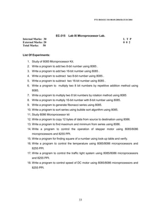 PTU/BOS/EC/101/08-05-2004/BATCH 2004
33
EC-315 Lab IX Microprocessor Lab.
Internal Marks: 30 L T P
External Marks: 20 0 0 2
Total Marks: 50
List Of Experiments:
1. Study of 8085 Microprocessor Kit.
2. Write a program to add two 8-bit number using 8085 .
3. Write a program to add two 16-bit number using 8085 .
4. Write a program to subtract two 8-bit number using 8085 .
5. Write a program to subtract two 16-bit number using 8085 .
6. Write a program to multiply two 8 bit numbers by repetitive addition method using
8085.
7. Write a program to multiply two 8 bit numbers by rotation method using 8085
8. Write a program to multiply 16-bit number with 8-bit number using 8085.
9. Write a program to generate fibonacci series using 8085.
10. Write a program to sort series using bubble sort algorithm using 8085.
11. Study 8086 Microprocessor kit
12. Write a program to copy 12 bytes of data from source to destination using 8086.
13. Write a program to find maximum and minimum from series using 8086.
14. Write a program to control the operation of stepper motor using 8085/8086
microprocessors and 8255 PPI.
15. Write a program for finding square of a number using look-up table and verify.
16. Write a program to control the temperature using 8085/8086 microprocessors and
8255 PPI.
17. Write a program to control the traffic light system using 8085/8086 microprocessors
and 8255 PPI.
18. Write a program to control speed of DC motor using 8085/8086 microprocessors and
8255 PPI.
 