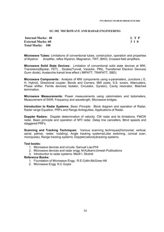 PTU/BOS/EC/101/08-05-2004/BATCH 2004
34
EC-302 MICROWAVE AND RADAR ENGINEERING
Internal Marks: 40 L T P
External Marks: 60 3 1 0
Total Marks: 100
Microwave Tubes: Limitations of conventional tubes, construction, operation and properties
of Klystron Amplifier, reflex Klystron, Magnetron, TWT, BWO, Crossed field amplifiers.
Microwave Solid State Devices: Limitation of conventional solid state devices at MW,
Transistors(Bipolar, FET) , Diodes(Tunnel, Varactor, PIN), Transferred Electron Devices(
Gunn diode), Avalanche transit time effect ( IMPATT, TRAPATT, SBD)
Microwave Components: Analysis of MW components using s-parameters, Junctions ( E,
H, Hybrid), Directional coupler, Bends and Corners, MW posts, S.S. tuners, Attenuaters,
Phase shifter, Ferrite devices( Isolator, Circulator, Gyrator), Cavity resonator, Matched
termination.
Microwave Measurements: Power measurements using calorimeters and bolometers,
Measurement of SWR, Frequency and wavelength, Microwave bridges.
Introduction to Radar Systems: Basic Principle: Block diagram and operation of Radar,
Radar range Equation, PRFs and Range Ambiguities, Applications of Radar.
Doppler Radars: Doppler determination of velocity, CW radar and its limitations, FMCW
radar, Basic principle and operation of MTI radar, Delay line cancellers, Blind speeds and
staggered PRFs.
Scanning and Tracking Techniques: Various scanning techniques(Horizontal, vertical,
spiral, palmer, raster, nodding), Angle tracking systems(Lobe switching, conical scan,
monopulse), Range tracking systems, Doppler(velocity)tracking systems.
Text books:
1. Microwave devices and circuits: Samuel Liao;PHI
2. Microwave devices and radar engg: M.Kulkarni;Umesh Publications
3. Introduction to radar systems: Merill I. Skolnik
Reference Books:
1. Foundation of Microwave Engg : R.E.Collin;McGraw Hill
2. Microwave Engg: K.C Gupta
 
