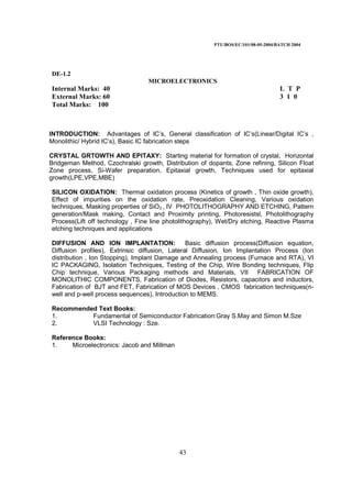 PTU/BOS/EC/101/08-05-2004/BATCH 2004
43
DE-1.2
MICROELECTRONICS
Internal Marks: 40 L T P
External Marks: 60 3 1 0
Total Marks: 100
INTRODUCTION: Advantages of IC’s, General classification of IC’s(Linear/Digital IC’s ,
Monolithic/ Hybrid IC’s), Basic IC fabrication steps
CRYSTAL GRTOWTH AND EPITAXY: Starting material for formation of crystal, Horizontal
Bridgeman Method, Czochralski growth, Distribution of dopants, Zone refining, Silicon Float
Zone process, Si-Wafer preparation, Epitaxial growth, Techniques used for epitaxial
growth(LPE,VPE,MBE)
SILICON OXIDATION: Thermal oxidation process (Kinetics of growth , Thin oxide growth),
Effect of impurities on the oxidation rate, Preoxidation Cleaning, Various oxidation
techniques, Masking properties of SiO2 , IV PHOTOLITHOGRAPHY AND ETCHING, Pattern
generation/Mask making, Contact and Proximity printing, Photoresistsl, Photolithography
Process(Lift off technology , Fine line photolithography), Wet/Dry etching, Reactive Plasma
etching techniques and applications
DIFFUSION AND ION IMPLANTATION: Basic diffusion process(Diffusion equation,
Diffusion profiles), Extrinsic diffusion, Lateral Diffusion, Ion Implantation Process (Ion
distribution , Ion Stopping), Implant Damage and Annealing process (Furnace and RTA), VI
IC PACKAGING, Isolation Techniques, Testing of the Chip, Wire Bonding techniques, Flip
Chip technique, Various Packaging methods and Materials, VII FABRICATION OF
MONOLITHIC COMPONENTS, Fabrication of Diodes, Resistors, capacitors and inductors,
Fabrication of BJT and FET, Fabrication of MOS Devices , CMOS fabrication techniques(n-
well and p-well process sequences), Introduction to MEMS.
Recommended Text Books:
1. Fundamental of Semiconductor Fabrication:Gray S.May and Simon M.Sze
2. VLSI Technology : Sze.
Reference Books:
1. Microelectronics: Jacob and Millman
 