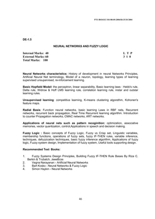 PTU/BOS/EC/101/08-05-2004/BATCH 2004
46
DE-1.5
NEURAL NETWORKS AND FUZZY LOGIC
Internal Marks: 40 L T P
External Marks: 60 3 1 0
Total Marks: 100
Neural Networks characteristics: History of development in neural Networks Principles,
Artificial Neural Net terminology, Model of a neuron, topology, learning types of learning
supervised unsupervised, re-inforcement learning.
Basic Hopfield Model: the perceptron, linear separability, Basic learning laws : Hebb's rule,
Delta rule, Widrow & Hoff LMS learning rule, correlation learning rule, instar and outstar
learning rules.
Unsupervised learning: competitive learning, K-means clustering algorethm, Kohonen's
feature maps.
Radial Basis: Function neural networks, basic learning Laws in RBF nets, Recurrent
networks, recurrent back propagation, Real Time Recurrent learning algorithm. Introduction
to counter Propagation networks, CMAC networks, ART networks.
Applications of neural nets such as pattern recoginition: optimization, associative
memories, vector quantization, control,Applications in speech and decision making.
Fuzzy Logic : Basic concepts of Fuzzy Logic, Fuzzy vs Crisp set, Linguistic variables,
membership functions, operations of fuzzy sets, fuzzy IF-THEN rules, variable inference,
techniques, defuzzication techniques, basic fuzzy inference algorithm, Applications of fuzzy
logic, Fuzzy system design, Implementation of fuzzy system, Useful tools supporting design.
Recommended Text Books:
1. Fuzzy Systems Design Principles, Building Fuzzy IF-THEN Rule Bases By Riza C.
Berkin & Trubatch, JeeeBcss
2. Vegna Narayanan - Artificial Neural Networks
3. Bart Kosko - Neural Networks & Fuzzy Logic
4. Simon Haykin - Neural Networks
 