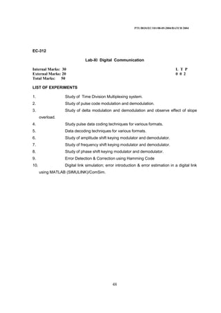 PTU/BOS/EC/101/08-05-2004/BATCH 2004
48
EC-312
Lab-XI Digital Communication
Internal Marks: 30 L T P
External Marks: 20 0 0 2
Total Marks: 50
LIST OF EXPERIMENTS
1. Study of Time Division Multiplexing system.
2. Study of pulse code modulation and demodulation.
3. Study of delta modulation and demodulation and observe effect of slope
overload.
4. Study pulse data coding techniques for various formats.
5. Data decoding techniques for various formats.
6. Study of amplitude shift keying modulator and demodulator.
7. Study of frequency shift keying modulator and demodulator.
8. Study of phase shift keying modulator and demodulator.
9. Error Detection & Correction using Hamming Code
10. Digital link simulation; error introduction & error estimation in a digital link
using MATLAB (SIMULINK)/ComSim.
 
