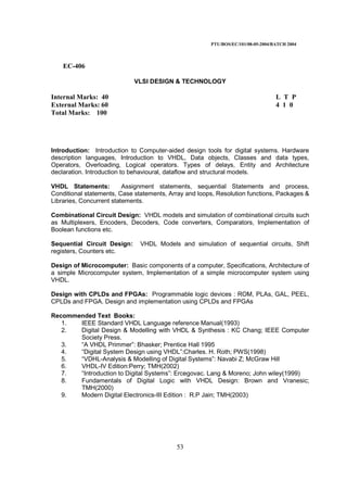 PTU/BOS/EC/101/08-05-2004/BATCH 2004
53
EC-406
VLSI DESIGN & TECHNOLOGY
Internal Marks: 40 L T P
External Marks: 60 4 1 0
Total Marks: 100
Introduction: Introduction to Computer-aided design tools for digital systems. Hardware
description languages, Introduction to VHDL, Data objects, Classes and data types,
Operators, Overloading, Logical operators. Types of delays, Entity and Architecture
declaration. Introduction to behavioural, dataflow and structural models.
VHDL Statements: Assignment statements, sequential Statements and process,
Conditional statements, Case statements, Array and loops, Resolution functions, Packages &
Libraries, Concurrent statements.
Combinational Circuit Design: VHDL models and simulation of combinational circuits such
as Multiplexers, Encoders, Decoders, Code converters, Comparators, Implementation of
Boolean functions etc.
Sequential Circuit Design: VHDL Models and simulation of sequential circuits, Shift
registers, Counters etc.
Design of Microcomputer: Basic components of a computer, Specifications, Architecture of
a simple Microcomputer system, Implementation of a simple microcomputer system using
VHDL.
Design with CPLDs and FPGAs: Programmable logic devices : ROM, PLAs, GAL, PEEL,
CPLDs and FPGA. Design and implementation using CPLDs and FPGAs
Recommended Text Books:
1. IEEE Standard VHDL Language reference Manual(1993)
2. Digital Design & Modelling with VHDL & Synthesis : KC Chang; IEEE Computer
Society Press.
3. “A VHDL Primmer”: Bhasker; Prentice Hall 1995
4. “Digital System Design using VHDL”:Charles. H. Roth; PWS(1998)
5. “VDHL-Analysis & Modelling of Digital Systems”: Navabi Z; McGraw Hill
6. VHDL-IV Edition:Perry; TMH(2002)
7. “Introduction to Digital Systems”: Ercegovac. Lang & Moreno; John wiley(1999)
8. Fundamentals of Digital Logic with VHDL Design: Brown and Vranesic;
TMH(2000)
9. Modern Digital Electronics-III Edition : R.P Jain; TMH(2003)
 