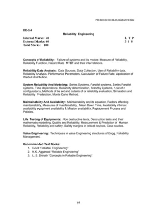 PTU/BOS/EC/101/08-05-2004/BATCH 2004
64
DE-3.4
Reliability Engineering
Internal Marks: 40 L T P
External Marks: 60 3 1 0
Total Marks: 100
Concepts of Reliability: Failure of systems and its modes: Measure of Reliability,
Reliability Function, Hazard Rate MTBF and their interrelations.
Reliability Data Analysis: Data Sources, Data Collection, Use of Reliability data,
Reliability Analysis, Performance Parameters, Calculation of Failure Rate, Application of
Weibull distribution.
System Reliability And Modeling: Series Systems, Parallel systems, Series Parallel
systems, Time dependence, Reliability determination, Standby systems, r out of n
configurations, Methods of tie set and cutsets of or reliability evaluation, Simulation and
Reliability Predeiction, Monte Carlo Method.
Maintainability And Availability: Maintainability and its equation, Factors affecting
maintainability, Measures of maintainability, Mean Down Time, Availability intrinsic
availability equipment availability & Mission availability, Replacement Process and
Policies.
Life Testing of Equipments: Non destructive tests, Destruction tests and their
mathematic modelling, Quality and Reliability, Measurement & Prediction of Human
Reliability, Reliability and safety, Safety margins in critical devices, Case studies.
Value Engineering: Techniques in value Engineering structures of Engg. Reliability
Management.
Recommended Text Books:
1. Govil “Reliable Engineering”
2. K.K. Aggarwal “Reliable Engineering”
3. L. S. Srinath “Concepts in Reliable Engineering”
 