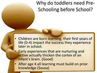 Why do toddlers need Pre-Schooling before School?Children are born learning, their first years of life (0-4) impact the success they experience later in school. Early experiences that are nurturing and active actually thicken the cortex of an infant’s brain.(Good)After age 4 all learning must build on prior knowledge (Sousa)