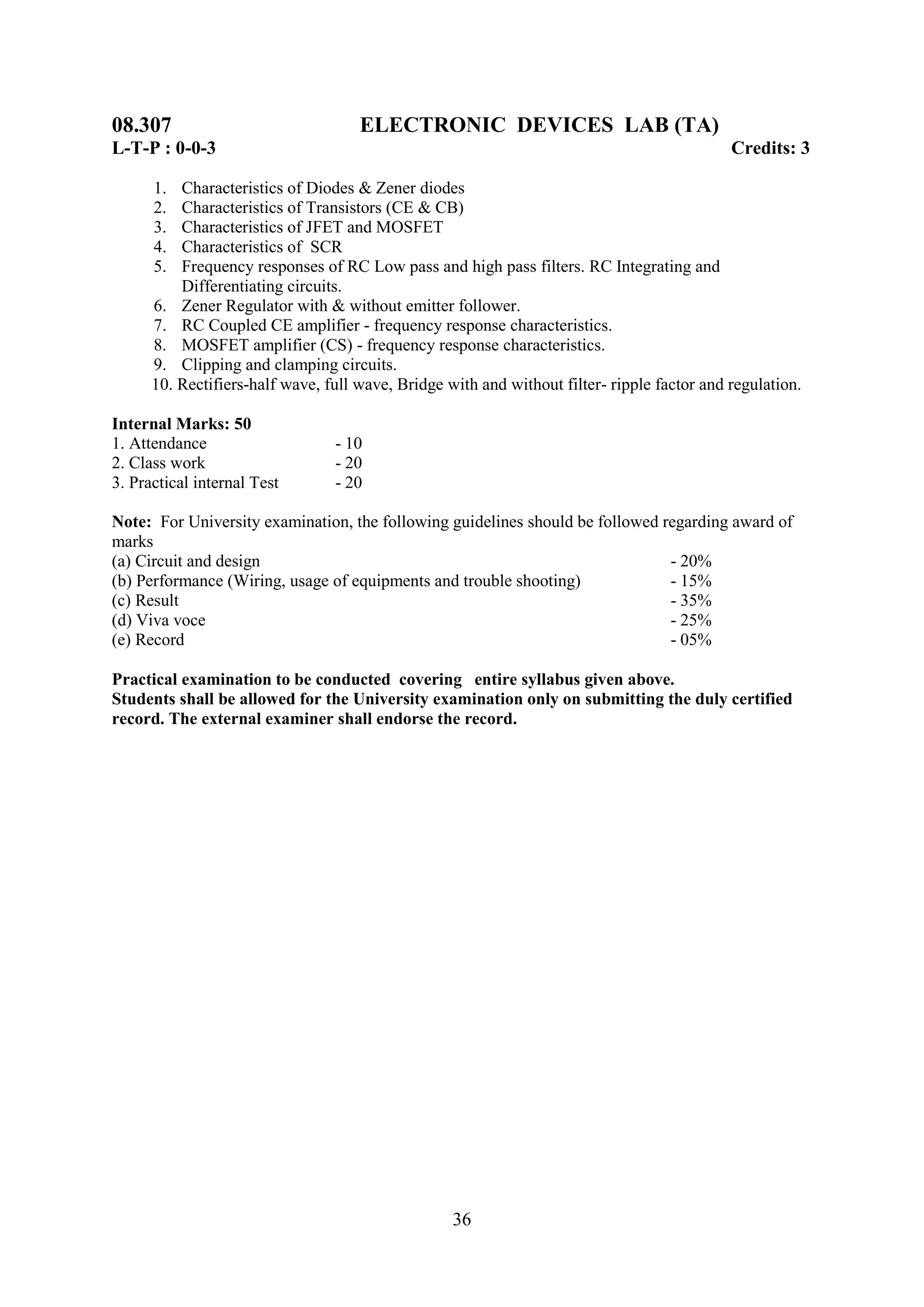 08.307                               ELECTRONIC DEVICES LAB (TA)
L-T-P : 0-0-3                                                                                Credits: 3

      1.  Characteristics of Diodes & Zener diodes
      2.  Characteristics of Transistors (CE & CB)
      3.  Characteristics of JFET and MOSFET
      4.  Characteristics of SCR
      5.  Frequency responses of RC Low pass and high pass filters. RC Integrating and
          Differentiating circuits.
      6. Zener Regulator with & without emitter follower.
      7. RC Coupled CE amplifier - frequency response characteristics.
      8. MOSFET amplifier (CS) - frequency response characteristics.
      9. Clipping and clamping circuits.
      10. Rectifiers-half wave, full wave, Bridge with and without filter- ripple factor and regulation.

Internal Marks: 50
1. Attendance                    - 10
2. Class work                    - 20
3. Practical internal Test       - 20

Note: For University examination, the following guidelines should be followed regarding award of
marks
(a) Circuit and design                                                         - 20%
(b) Performance (Wiring, usage of equipments and trouble shooting)             - 15%
(c) Result                                                                     - 35%
(d) Viva voce                                                                  - 25%
(e) Record                                                                     - 05%

Practical examination to be conducted covering entire syllabus given above.
Students shall be allowed for the University examination only on submitting the duly certified
record. The external examiner shall endorse the record.




                                                   36
 