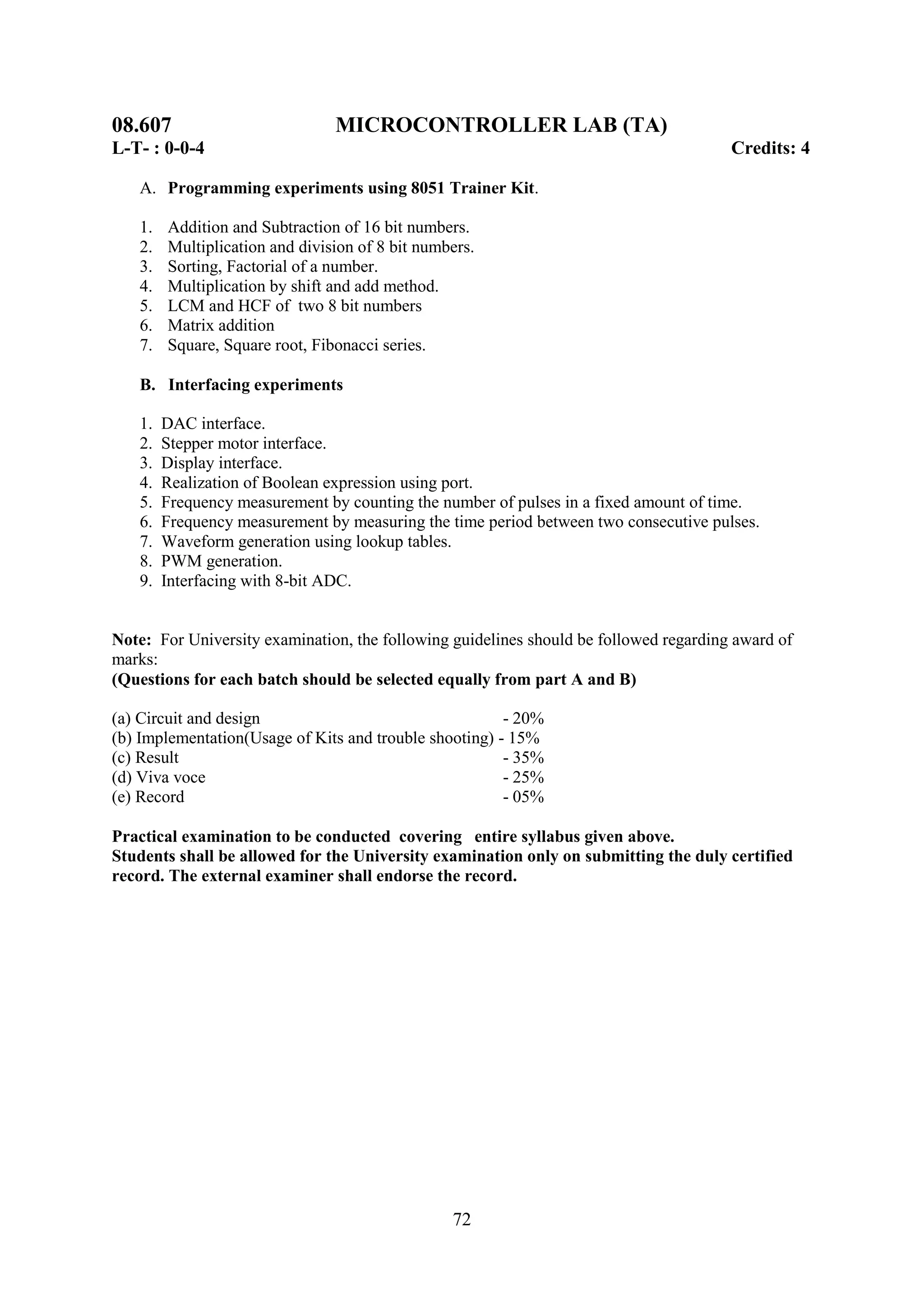 08.607                          MICROCONTROLLER LAB (TA)
L-T- : 0-0-4                                                                           Credits: 4

   A. Programming experiments using 8051 Trainer Kit.

   1.   Addition and Subtraction of 16 bit numbers.
   2.   Multiplication and division of 8 bit numbers.
   3.   Sorting, Factorial of a number.
   4.   Multiplication by shift and add method.
   5.   LCM and HCF of two 8 bit numbers
   6.   Matrix addition
   7.   Square, Square root, Fibonacci series.

   B. Interfacing experiments

   1.   DAC interface.
   2.   Stepper motor interface.
   3.   Display interface.
   4.   Realization of Boolean expression using port.
   5.   Frequency measurement by counting the number of pulses in a fixed amount of time.
   6.   Frequency measurement by measuring the time period between two consecutive pulses.
   7.   Waveform generation using lookup tables.
   8.   PWM generation.
   9.   Interfacing with 8-bit ADC.


Note: For University examination, the following guidelines should be followed regarding award of
marks:
(Questions for each batch should be selected equally from part A and B)

(a) Circuit and design                                  - 20%
(b) Implementation(Usage of Kits and trouble shooting) - 15%
(c) Result                                              - 35%
(d) Viva voce                                           - 25%
(e) Record                                              - 05%

Practical examination to be conducted covering entire syllabus given above.
Students shall be allowed for the University examination only on submitting the duly certified
record. The external examiner shall endorse the record.




                                                 72
 