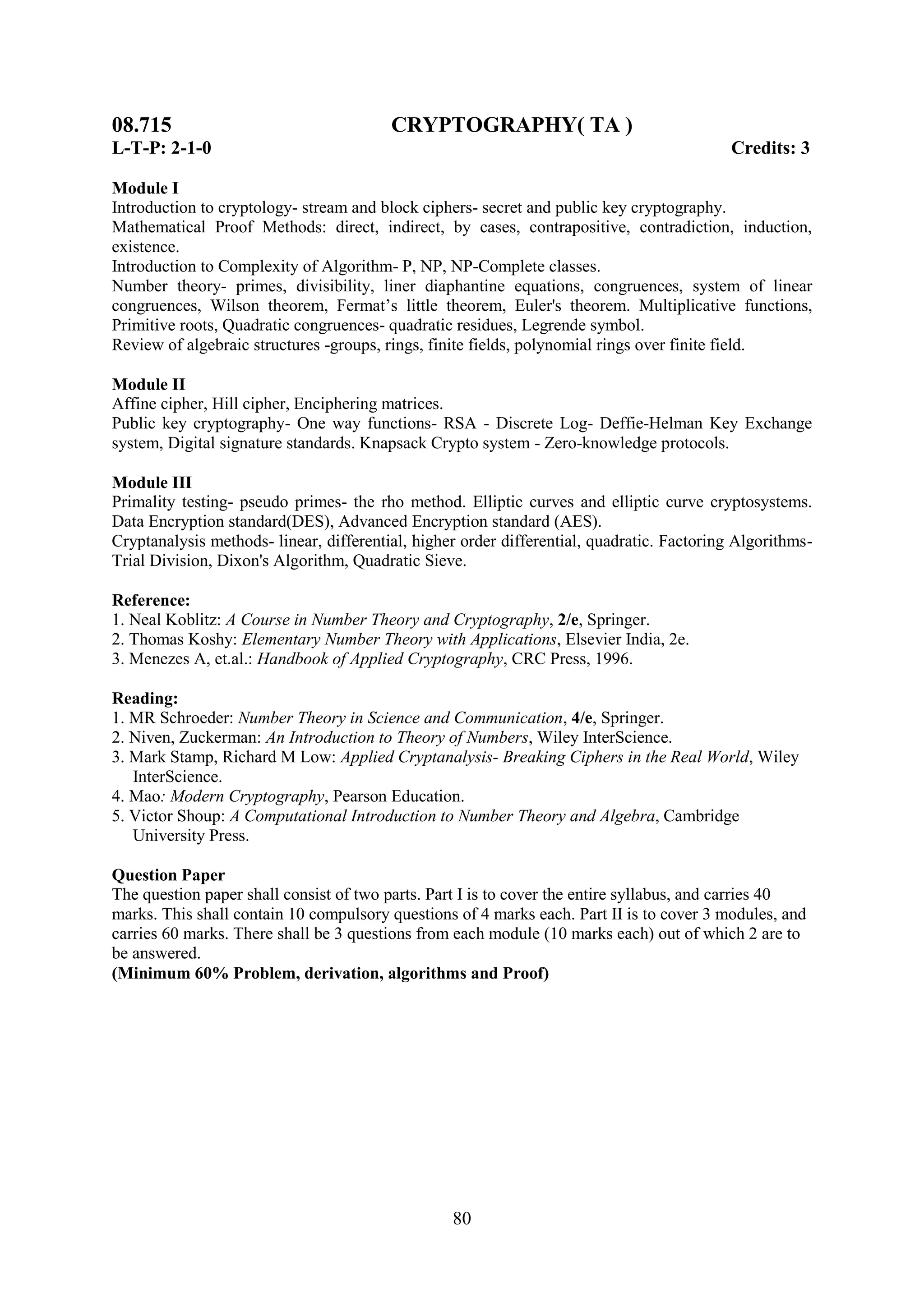 08.715                                   CRYPTOGRAPHY( TA )
L-T-P: 2-1-0                                                                               Credits: 3

Module I
Introduction to cryptology- stream and block ciphers- secret and public key cryptography.
Mathematical Proof Methods: direct, indirect, by cases, contrapositive, contradiction, induction,
existence.
Introduction to Complexity of Algorithm- P, NP, NP-Complete classes.
Number theory- primes, divisibility, liner diaphantine equations, congruences, system of linear
congruences, Wilson theorem, Fermat‘s little theorem, Euler's theorem. Multiplicative functions,
Primitive roots, Quadratic congruences- quadratic residues, Legrende symbol.
Review of algebraic structures -groups, rings, finite fields, polynomial rings over finite field.

Module II
Affine cipher, Hill cipher, Enciphering matrices.
Public key cryptography- One way functions- RSA - Discrete Log- Deffie-Helman Key Exchange
system, Digital signature standards. Knapsack Crypto system - Zero-knowledge protocols.

Module III
Primality testing- pseudo primes- the rho method. Elliptic curves and elliptic curve cryptosystems.
Data Encryption standard(DES), Advanced Encryption standard (AES).
Cryptanalysis methods- linear, differential, higher order differential, quadratic. Factoring Algorithms-
Trial Division, Dixon's Algorithm, Quadratic Sieve.

Reference:
1. Neal Koblitz: A Course in Number Theory and Cryptography, 2/e, Springer.
2. Thomas Koshy: Elementary Number Theory with Applications, Elsevier India, 2e.
3. Menezes A, et.al.: Handbook of Applied Cryptography, CRC Press, 1996.

Reading:
1. MR Schroeder: Number Theory in Science and Communication, 4/e, Springer.
2. Niven, Zuckerman: An Introduction to Theory of Numbers, Wiley InterScience.
3. Mark Stamp, Richard M Low: Applied Cryptanalysis- Breaking Ciphers in the Real World, Wiley
   InterScience.
4. Mao: Modern Cryptography, Pearson Education.
5. Victor Shoup: A Computational Introduction to Number Theory and Algebra, Cambridge
   University Press.

Question Paper
The question paper shall consist of two parts. Part I is to cover the entire syllabus, and carries 40
marks. This shall contain 10 compulsory questions of 4 marks each. Part II is to cover 3 modules, and
carries 60 marks. There shall be 3 questions from each module (10 marks each) out of which 2 are to
be answered.
(Minimum 60% Problem, derivation, algorithms and Proof)




                                                  80
 