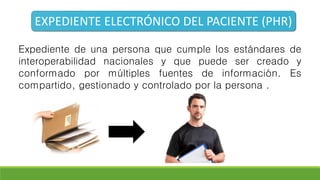 EXPEDIENTE ELECTRÓNICO DEL PACIENTE (PHR)
Expediente de una persona que cumple los estándares de
interoperabilidad nacionales y que puede ser creado y
conformado por múltiples fuentes de información. Es
compartido, gestionado y controlado por la persona .
 