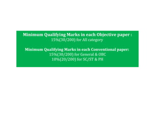 Minimum Qualifying Marks in each Objective paper :
15%(30/200) for All category
Minimum Qualifying Marks in each Conventional paper:
15%(30/200) for General & OBC
10%(20/200) for SC/ST & PH
 